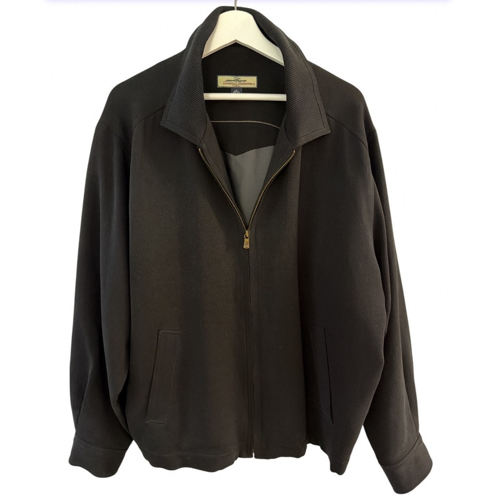 Tommy Bahama Mens Black Silk Cotton Full Zip Ribbed Jacket Mock Neck Large Lined